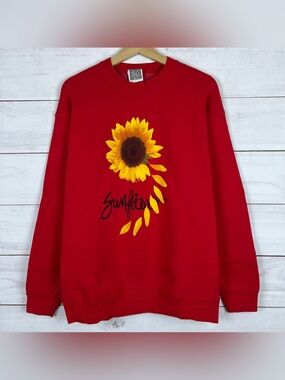 Vintage 90s Sunflower Maze Crewneck Sweatshirt Size Large Summer Red